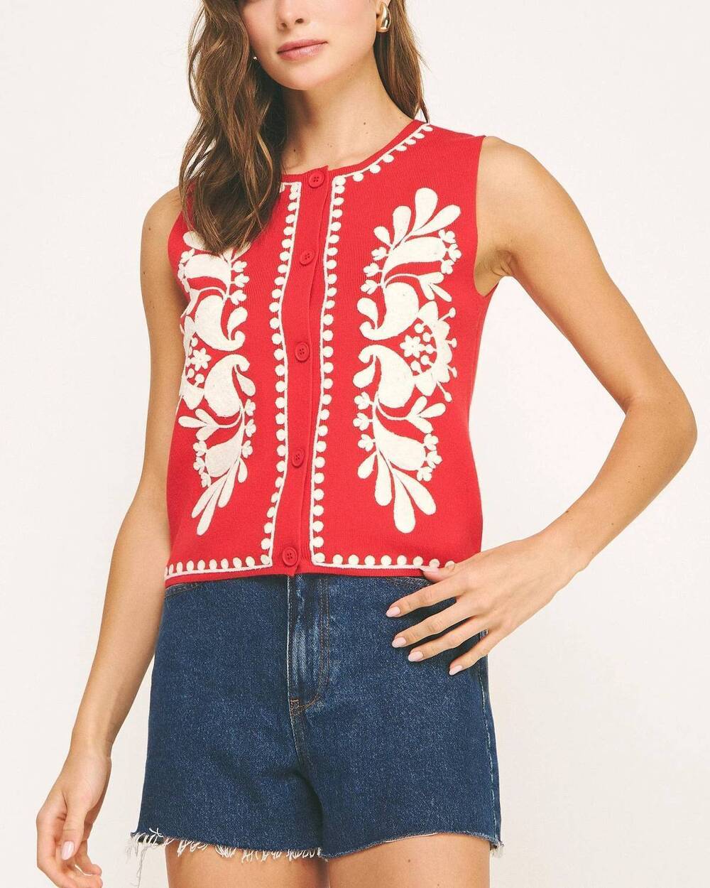 NEW STRUT & BOLT heidi button-down vest in red/white
